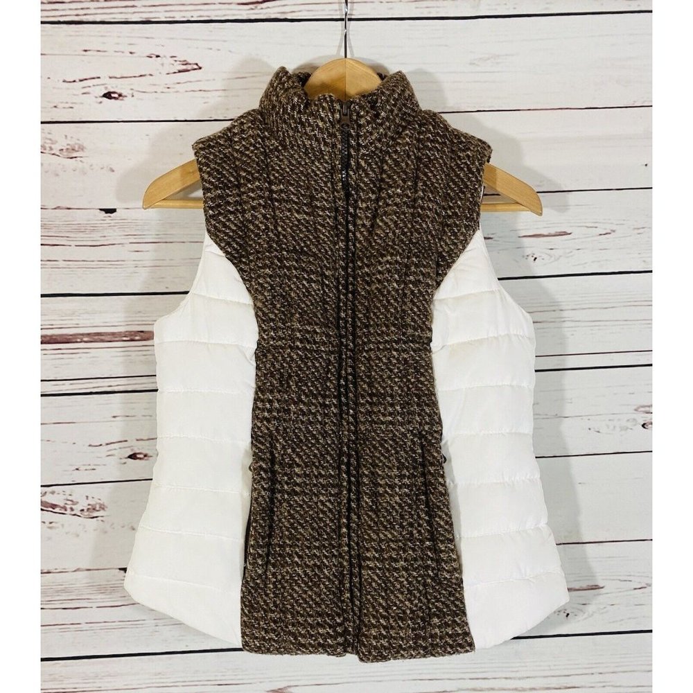 Ruff Hewn Vest Womens Sz Petite Small White Brown Quilted Tweed Plaid Pockets